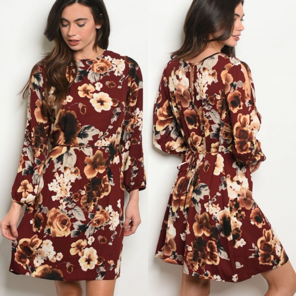 LAST 1! Fall floral burgundy long sleeve dress - Picture 1 of 4